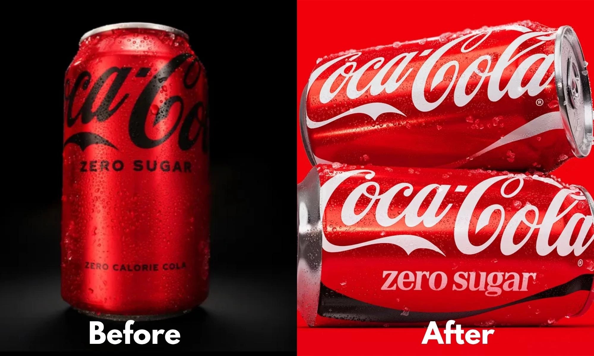 Coca-Cola Zero Sugar can before and after the 2026 identity refresh, moving from a black wordmark to the white Spencerian script on red