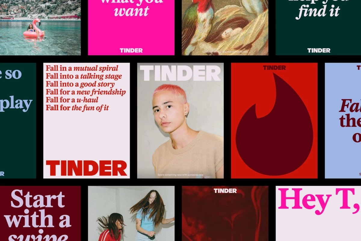 Layouts from Tinder's 2026 identity showing the all-caps wordmark, serif headlines and expanded colour palette of reds, greens, blues and pinks